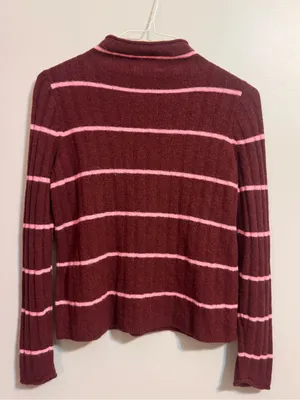 Madewell Merino Wool Alpaca Striped Mock Neck Sweater Burgundy Pink S thumbnail 2