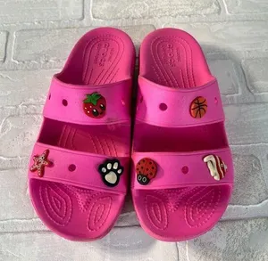 Crocs Classic Sandals Womens 7 Men 5 Pink Charms Two Double Strap Bright Comfort thumbnail 1