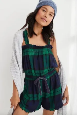 Aerie‎ | NWT Flannel Plaid Romper in Green Blue | Sz XS thumbnail 1