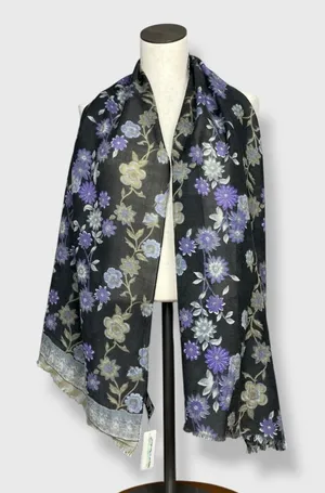 Vivante Scarf Floral Gray Gauzy Viscose Wool‎ FLAWS NWT Raw Edge Fringe Boho thumbnail 1