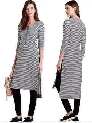 Anthropologie Postmark Navy Blue Striped High Slit Henley Tunic Top Midi Dress thumbnail 11