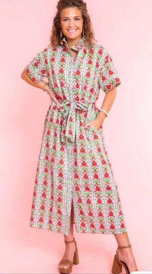 Mod’s Mahal Women’s Midi Shirt Dress English Garden Size XS Pink Green Floral thumbnail 1
