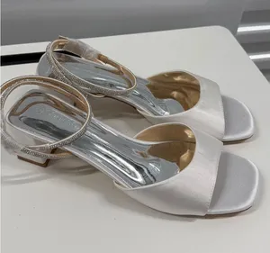 White Satin Rhinestone Ankle Strap Square Toe Block Heel Sandals Size 10 thumbnail 1