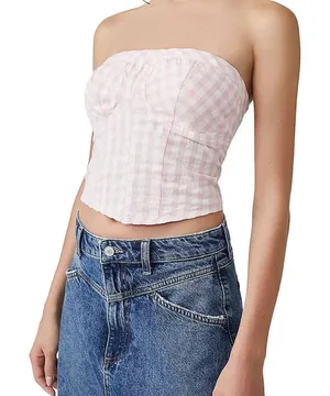 Free People Women Large Leilani Cotton Gingham Tube‎ Top Pink Y2K Cottagecore thumbnail 1