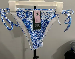 wild fable Blue and White Tile-Print Side-Tie Bikini Bottom thumbnail 1