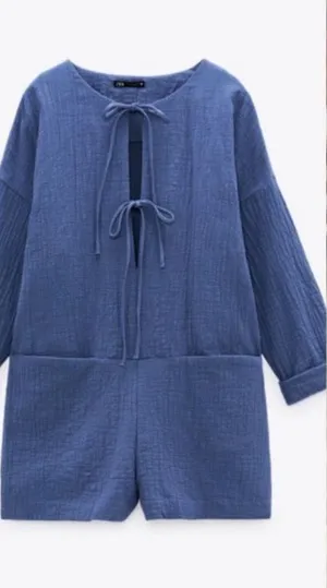 Zara Tie Front Cotton Gauze Coastal Blue Textured Romper thumbnail 1