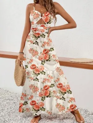 Gorgeous Soft Pink Orange Green Floral Maxi Dress Medium thumbnail 1