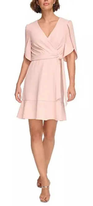DKNY Pink Tulip Sleeve Faux Wrap Ruffle Hem Dress Size‎ 6 NEW thumbnail 1