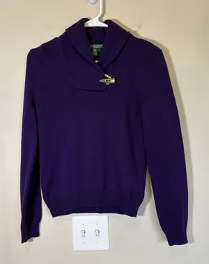 Vintage Lauren Ralph Lauren Sweater‎ Women Petite Small Purple Knit Shawl Collar thumbnail 1