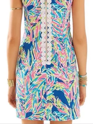 Lilly Pulitzer Cathy Shift Dress (Sz 10) Indigo Palm Reader Cotton Mini Hot Pink thumbnail 4
