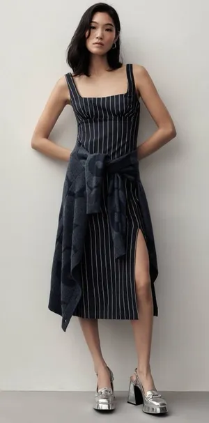 By Anthropologie Pinstripe Midi Dress Size M Navy Square Neck Side Slit thumbnail 1