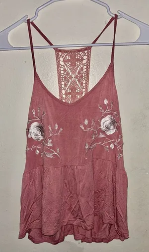 NWT POL Embroidered Lace-Back Women's Top - Pink thumbnail 1