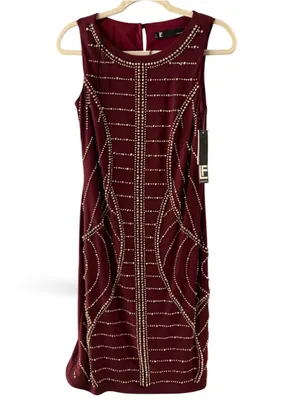 Women's Leslie Fay Mini Dress Size 6 Burgundy Gold Studded Embellished thumbnail 2