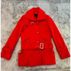 Red Wool Blend‎ Belted Peacoat Jacket with Wide Collar and Oversized Buttons S thumbnail 12