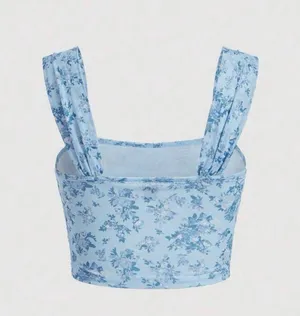 SHEIN Floral Print Ruched Wide Strap Top, Blue, Size M, NWOT thumbnail 2