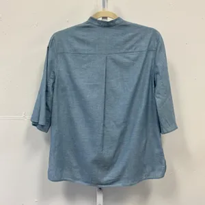 Akris Punto Blue Chambray Mandarin Collar Pleated Sleeve Blouse 4 Quiet Luxury thumbnail 3
