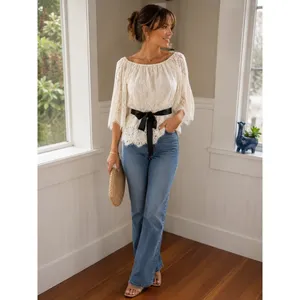 NWT Teri Jon Ivory‎ Lace Off Shoulder Blouse Black Satin Belt Size 4 thumbnail 13