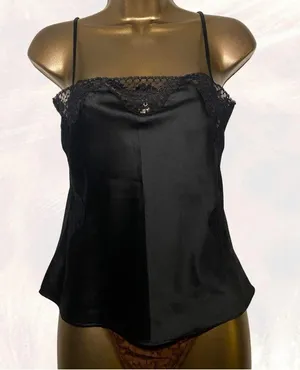 Vintage Black Satin Lace Trim Cami Top thumbnail 1