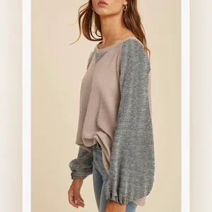 NEW Waffle Knit Tops Casual Crewneck Contrast Long Sleeve Shirt Loose Pullover M thumbnail 3