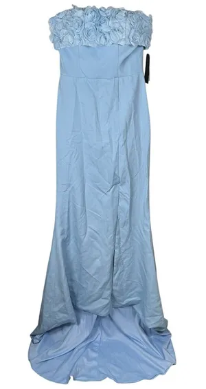 NEW Cocomelody Formal Gown Womens 2? Ice Blue Rosette Strapless Maxi Train Prom thumbnail 1