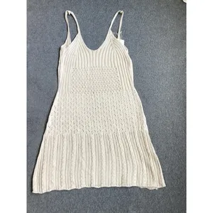 Women's XS Hollow Out Knit Sundress,‎ Elegant Summer Streetwear Mini Dress Beige thumbnail 4