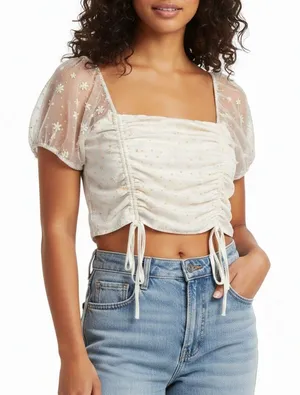 Altard State Floral Embroidered Mesh Ruched Crop Top Cream Large NWT thumbnail 1