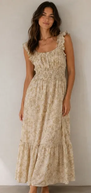 Melloday Tan Floral Smocked Waist Ruffle Strap Tiered Midi Dress S Cottagecore thumbnail 1