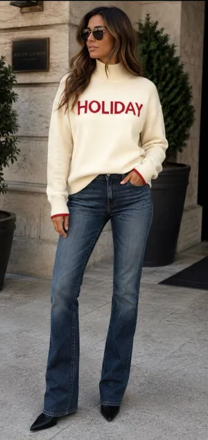 Elan Cream Cowlneck Sweater with Red 'HOLIDAY' Lettering thumbnail 1