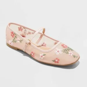 Pink Floral Embroidered Mary Jane Flats thumbnail 3