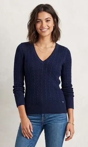 Vintage American Eagle Cable Knit Sweater Large Blue V Neck Preppy Y2K thumbnail 1
