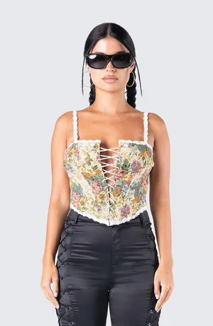 Finesse Victorian Antoinette Tapestry Floral Embroidered Corset Bustier Top Sz S thumbnail 4