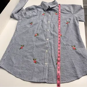 Granny‎ core button down top embroidered flowers collar blue white cotton blend thumbnail 3