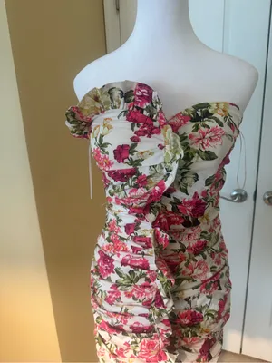 Floral Strapless Ruffle Mini Dress in White, Pink & Green thumbnail 2