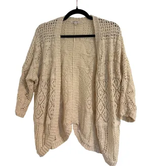 Pink Rose Cream Pointelle Knit Open Front Cardigan Sweater Medium Boho Ivory thumbnail 1