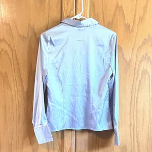 AB Studio‎ Satin Blouse Women Size M Silver Excellent V-Neck Long Sleeve thumbnail 8