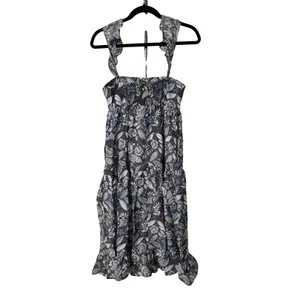 Summersalt Ruffle Oasis Dress Blue Black Floral Tiered Smocked Midi SM thumbnail 5