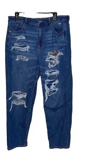 American Eagle Mom Straight Jean Blue Jeans Denim Ripped Plaid Patch Size 16 thumbnail 9