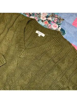Madewell $98 Cozy Olive Green Cable Knit V-Neck Crop Sweater Woman’s S Outdoor thumbnail 2