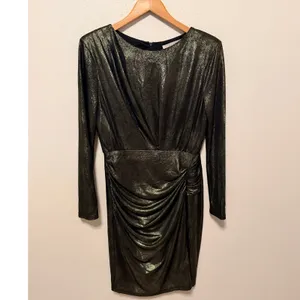 ASTR The Label Mini Dress Sz L Gold Metallic Ruched Long Sleeve Party Glam thumbnail 2