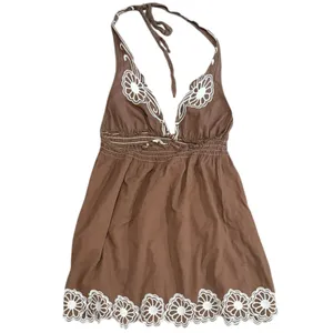 Vtg Y2K Floral Embroidered Halter Babydoll Top Sz 8 Brown Smocked Boho Festival thumbnail 2