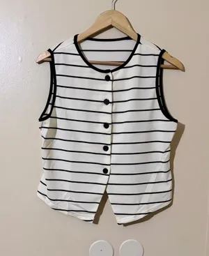 SHEIN Top Striped Sleeveless Button-Up Knit Black XL Women thumbnail 2