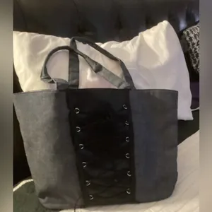 Victoria's Secret Dark Grey Denim Lace Corset Pink satin handbag purse tote bag thumbnail 3