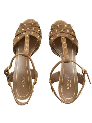 Gucci Women’s Jacquelyne Brown Suede Gold Studded Cork Block Heels Size 39 thumbnail 3