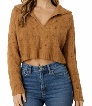 Pink Rose Camel Brown Open Knit Collared Cropped Sweater -‎ Size M thumbnail 1