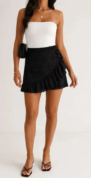 Express Black Eyelet Embroidered Ruffle Wrap Mini Skirt Size 0 thumbnail 1