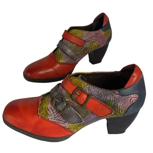 Mary Jane Leather Multicolor Heels Double Buckle Chunky Block Heel Size 9.5 thumbnail 2