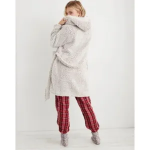 Aerie Gray Sherpa Hooded Belted Robe Cozy Fleece Spa Lounge Warm Pockets Bath M thumbnail 7