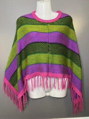 Colorful Striped Poncho Womens One Size Multicolor Fringe Knit Boho Lightweight thumbnail 1