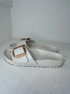 Birkenstock White Slide Sandals with Gold Buckle thumbnail 3