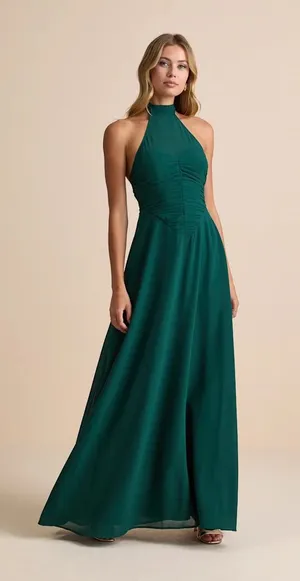 Lulu’s Cammie Emerald Halter Neck Ruched Maxi Dress thumbnail 1